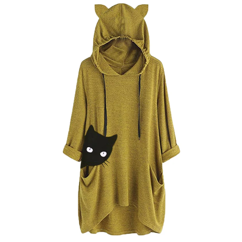 

Women Tops Autumn Winter Casual Blouse Shirt Hooded Print Cat Long Sleeve Pocket Irregular Fashion Ladies Plus size Tops