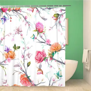 

60x72 Inches Shower Curtain Vintage Pattern Bird Butterfly and Flower Leaf Branch is olated on Imitation of Waterproof
