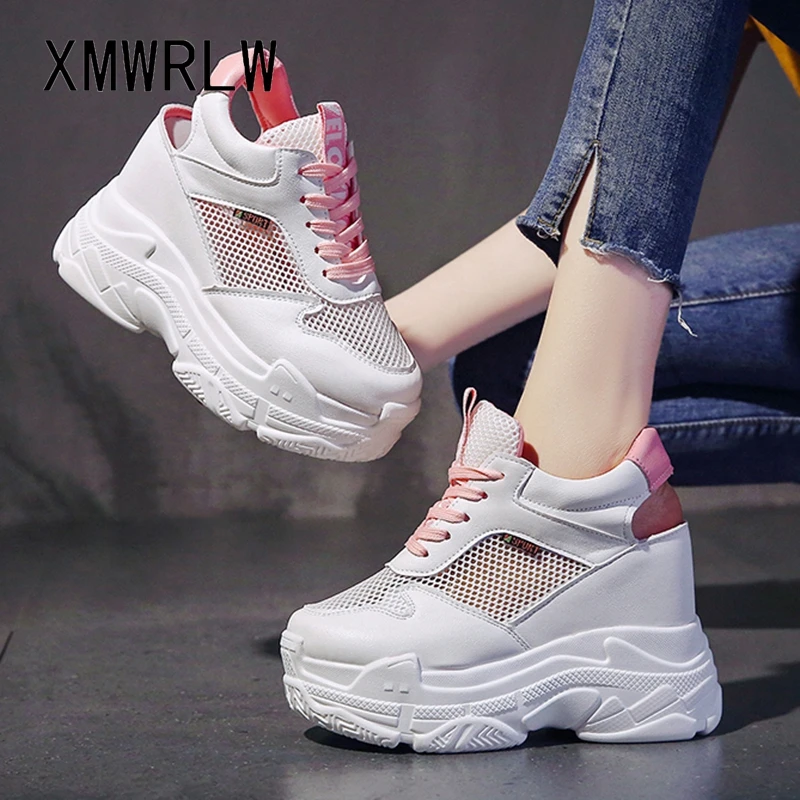 

XMWRLW Mesh Breathable Summer Sneakers Women High Heels Vulcanized Shoes Casual Lace up Woman Chunky Sneakers Ladies White Shoes