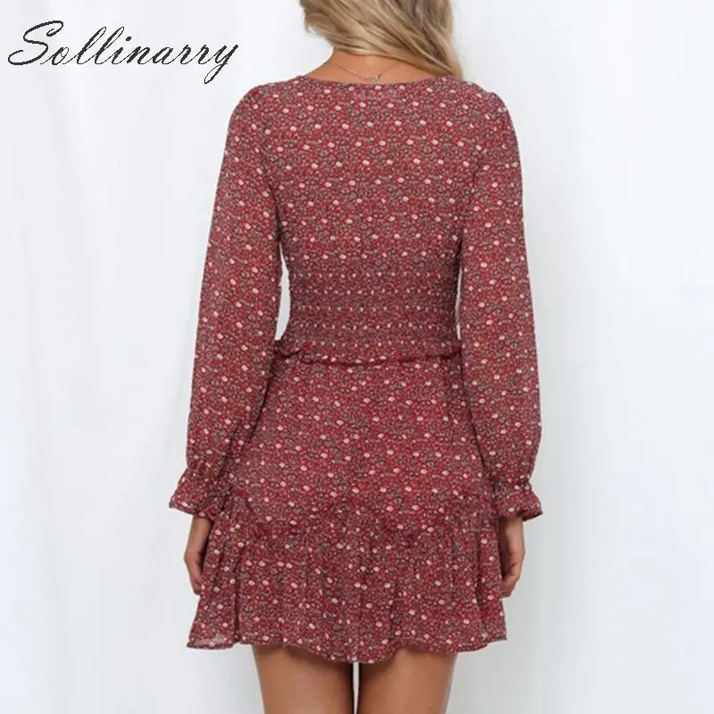 Sollinarry винтажные цветочные короткие платья с длинным рукавом Женские 2019