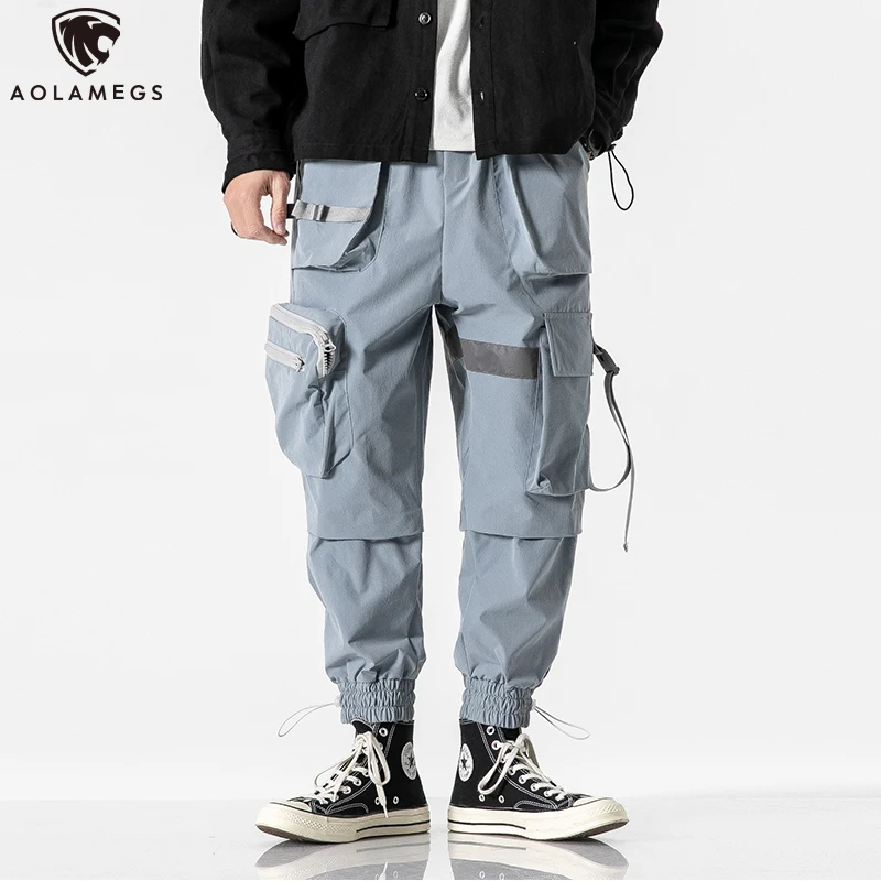 

Aolamegs Pants Men Zipper Pockets Ribbons Joggers Sweatpants Functional Tactical Cool Cargo Pants Hip Hop Fashion Streetwear men