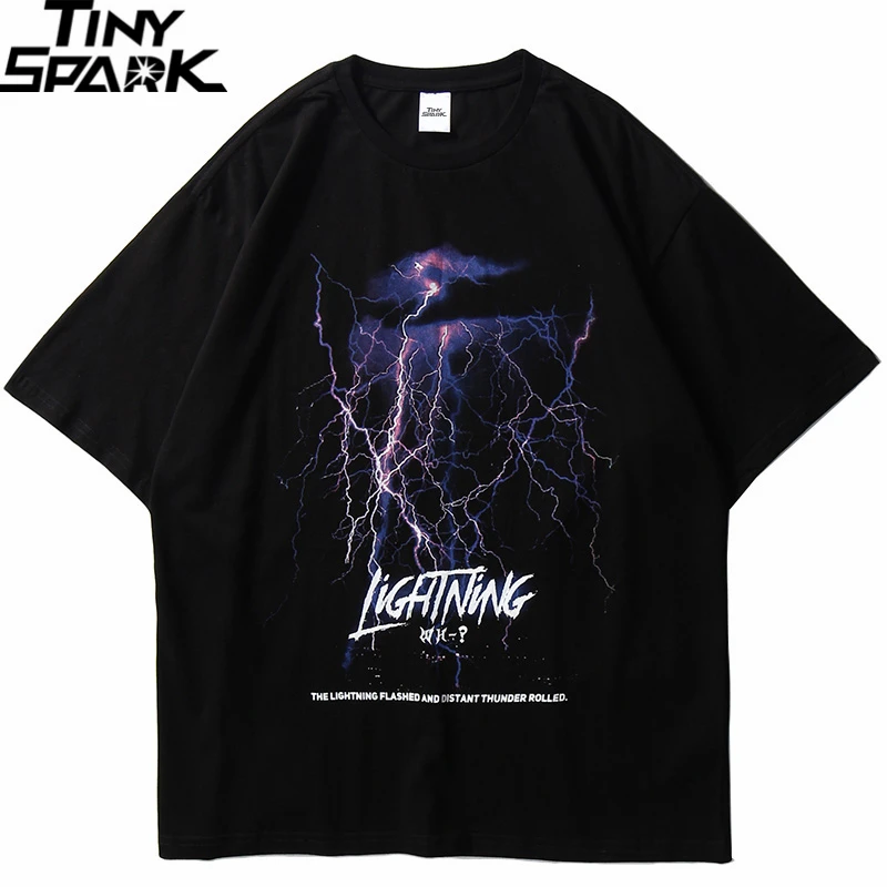 Cotton Tops Tees Tshirts Short-Sleeve Lightning Thunder Streetwear Summer Black Casual