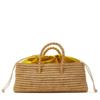 

2020 New women bag natural color raffia hand Basket bag Horizontal section square raffia straw woven handbag Shoulder Bags