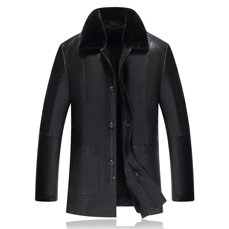 MOGU мужская кожаная куртка мужская кожаная повседневная PU деловая Куртка Утепленная зимняя куртка большого размера 7XL ветрозащитная - Цвет: Черный