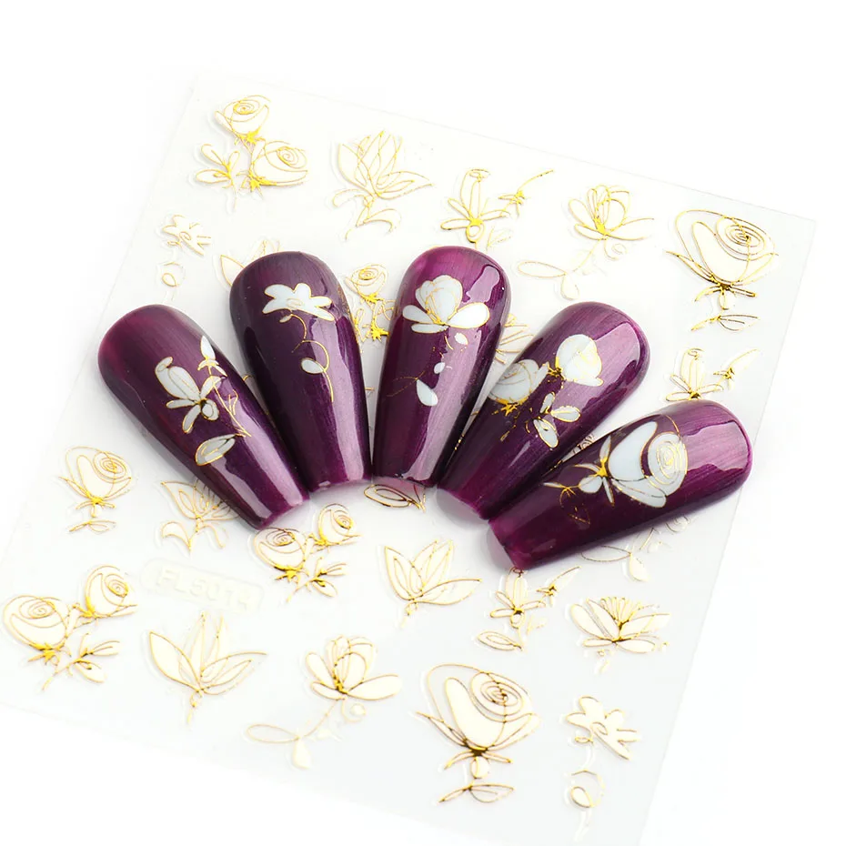 Summer Flowers Floral 5D Stickers for Nail Slider Gold White Geometry Adhesive Art Decals Polish Accessories NFFL5013-5024  Красота