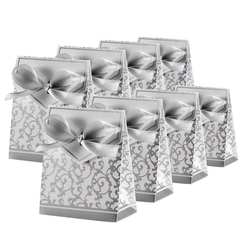 Silver Botique-100Pcs свадебные коробки конфет с лентой Сладкий Торт Подарочные вечерние украшения - Цвет: Silver