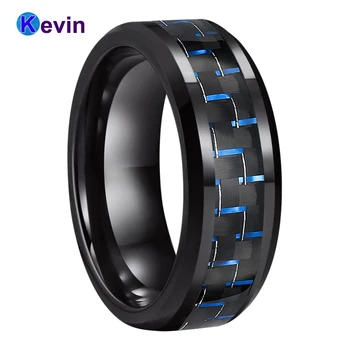 

Black Men Ring Classic Tungsten Wedding Ring Band With Black+Blue Carbon Fiber Inlay 8MM Comfort Fit