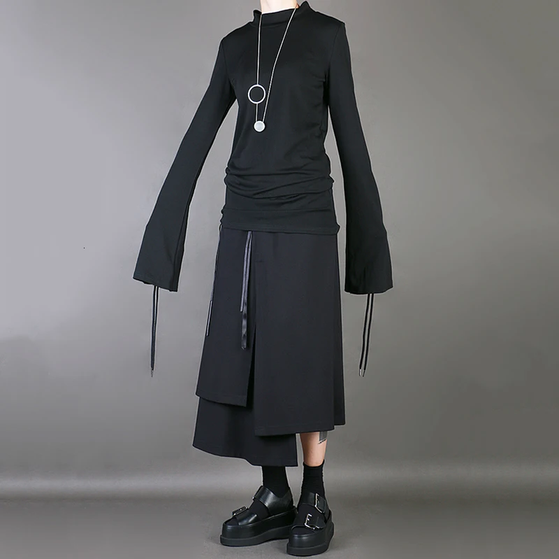 [EAM] высокая эластичная талия, черная лента, раздельная Асимметричная юбка, женская мода, новинка, весна-осень, 1M649