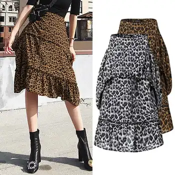 

Celmia Sexy Women Leopard Printed Midi Skirt Ladies High Waist Ruffles Hem Casual Long Skirt Plus Size Casual Party Loose Skirt