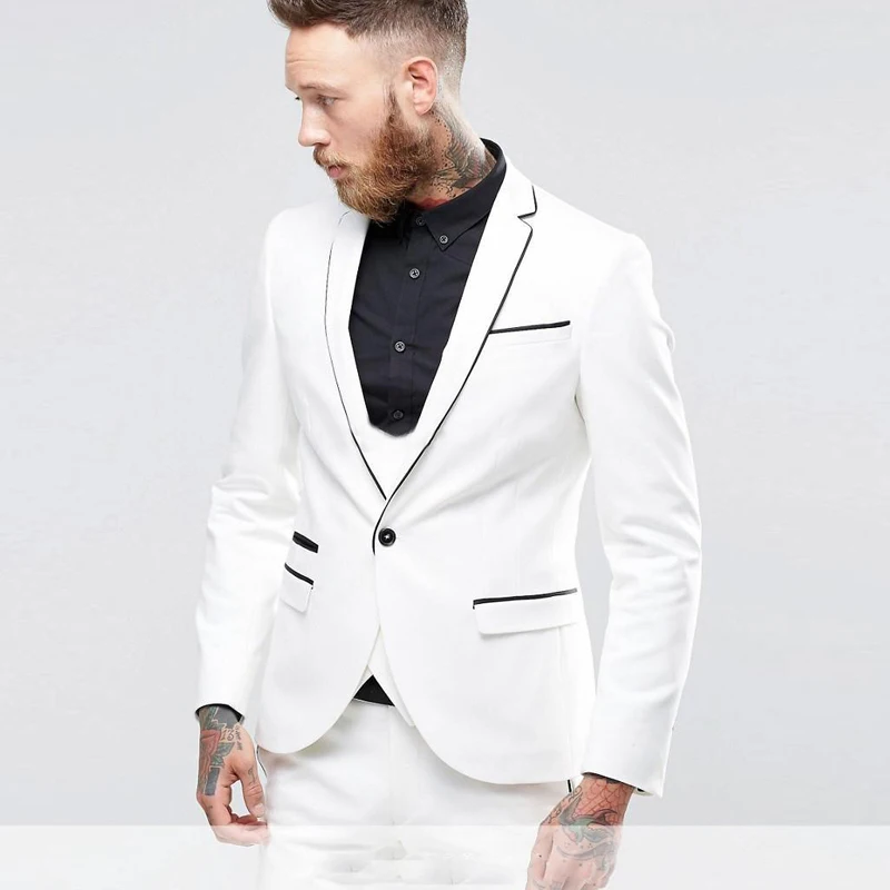 Белый смокинг комплект из 3 предметов Slim Fit костюм мужской костюмы Trajes Hombre строгий костюм; для жениха костюмы индивидуальный заказ Нарядные Костюмы для свадьбы, пиджак+ брюки+ жилет