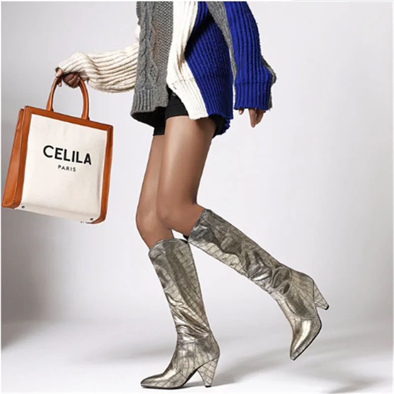 

Fashion Knee-High Boots Women Sexy Luxury Leather Over The Knee Boots Women Embossed Leather Cone Wild Women's Boots botines