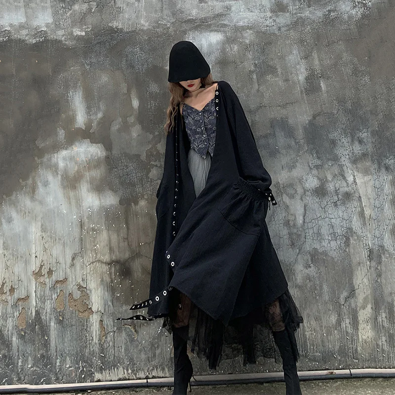 price cut LANMREM Black V-neck Long-sleeved Pocket Iron Round Hole Strap Loose Plus Women Jacket Simple Fashi