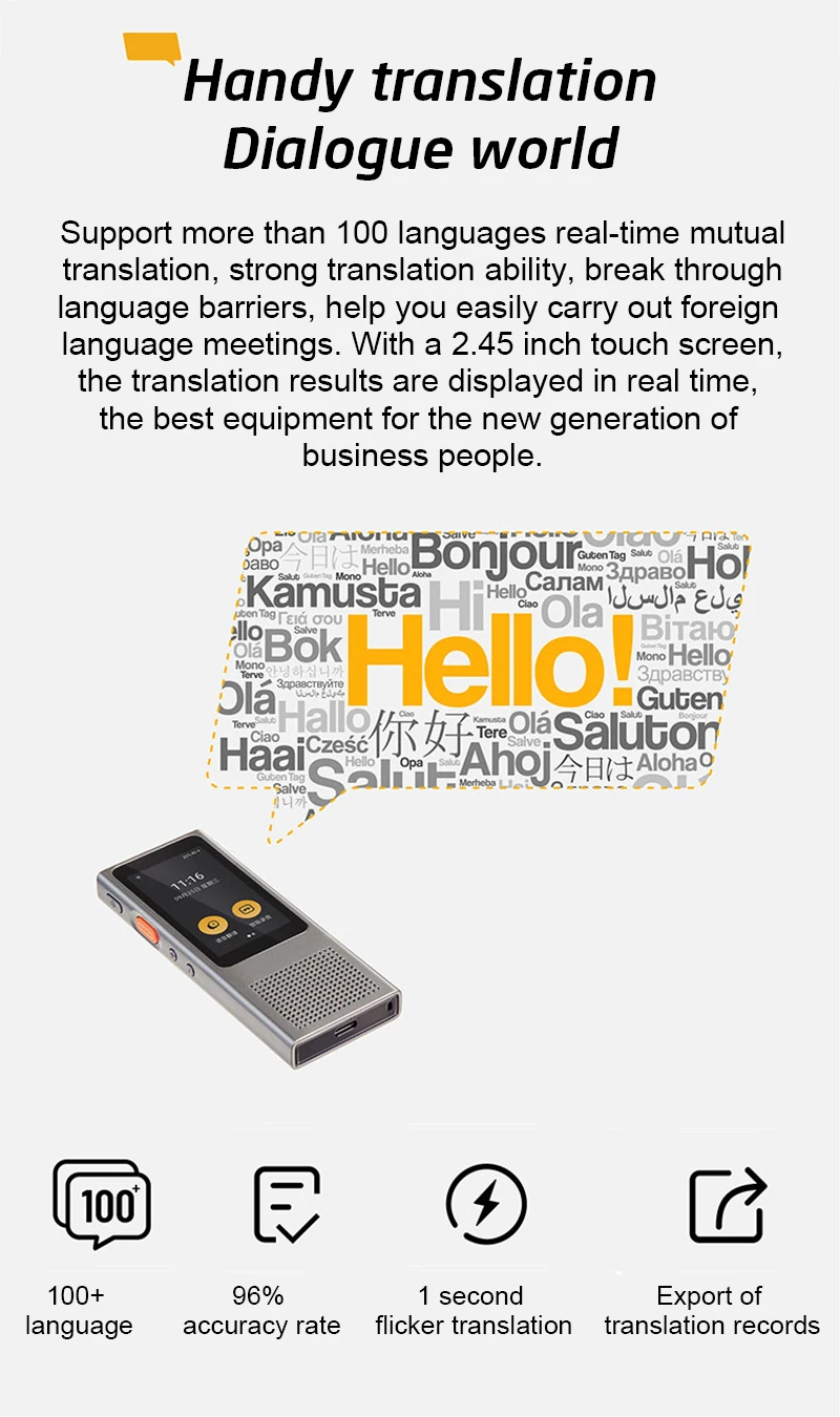 VLAMPO Translation AI Smart Voice 100 Languages Real-time Face-to-Face WIFI 2.4''TFT 12MP Multi-function Translator