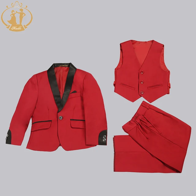 Nimble Spring Autumn Formal Suit for Boy Children Party Host Wedding Costume Red Blazer Vest Pants Wholesale Clothing 3Pcs Sets Red