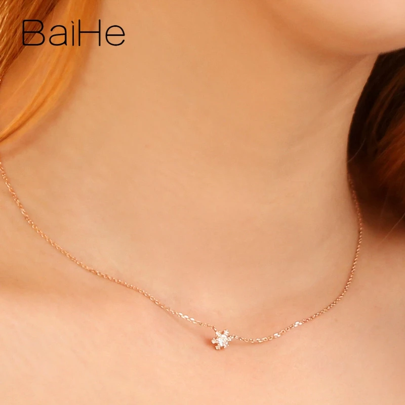 BAIHE Solid 18K розовое золото Сертифицированный 0.15ct круглый H/SI натуральный бриллиант помолвка модные ювелирные изделия Подарок ожерелья