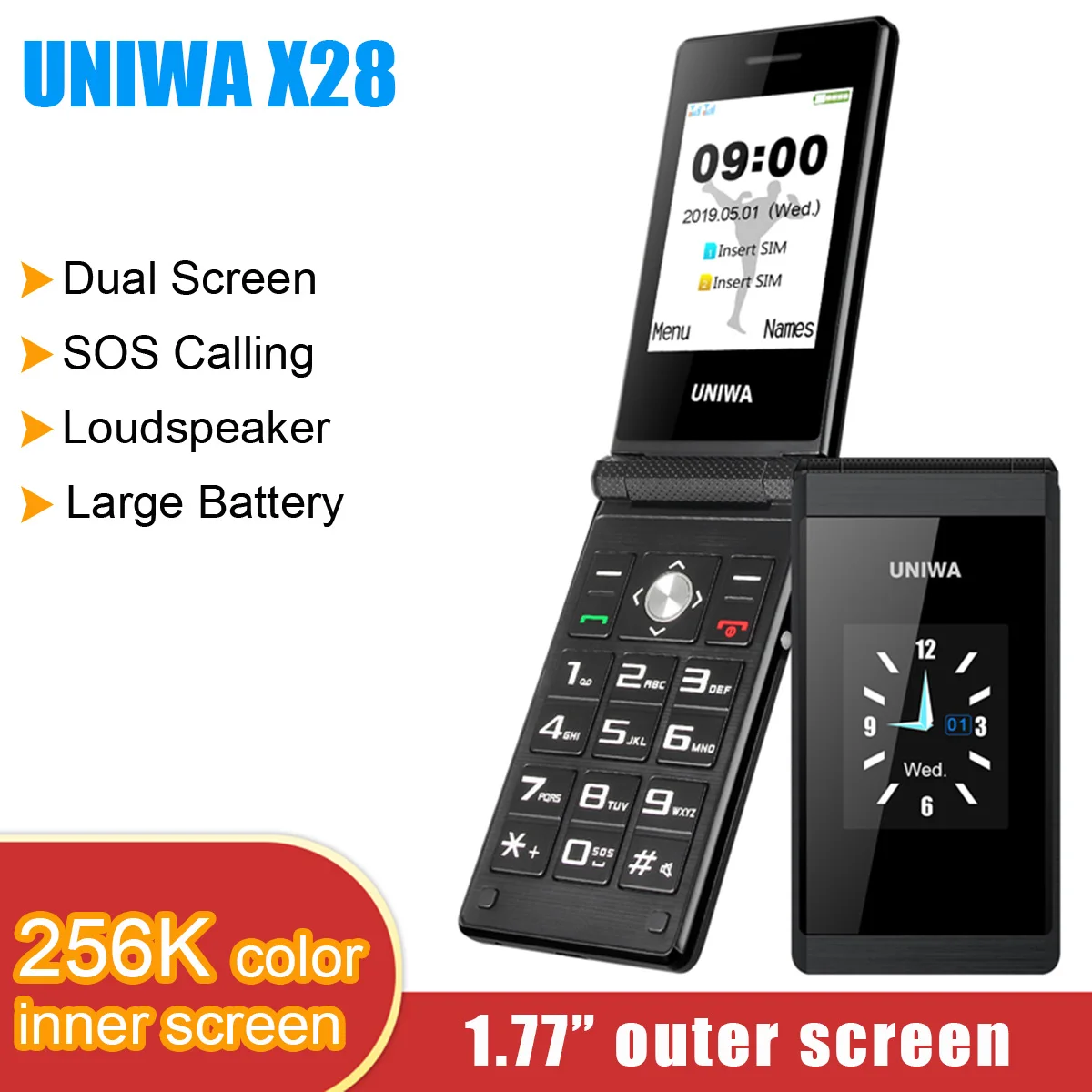 

UNIWA X28 2G GSM Dual Sim Flip Mobile Phone Big Button Dual Screen Elder Unlocked~Emergent Call For Elder Support Multi-language