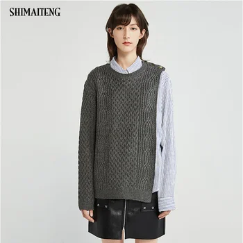 

New 2020 Autumn Women's Fashion Sweaters Design Patchwork Srtiped Knitting Round Collar Casual Loose Pullovers Femme Soft Tops