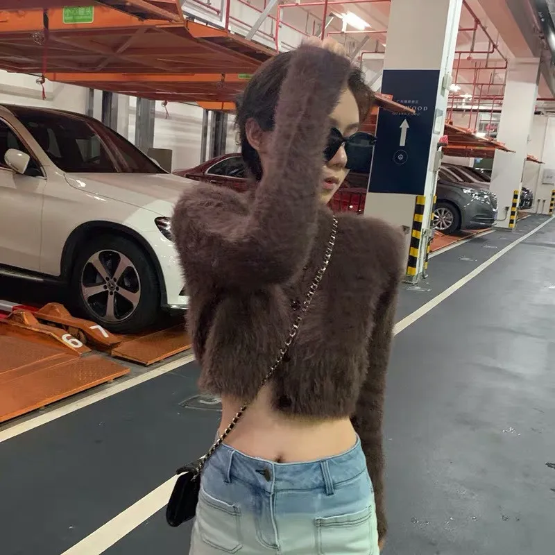 

Can salt can sweet sweater women's 2020 autumn and winter new mink hair tassel micro velvet high waist cardigan retro lazy style