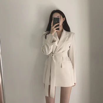 

CBAFU autumn winter women jacker office ladies lace up formal outwear elegant white black blazer female work wear 2019 new P656