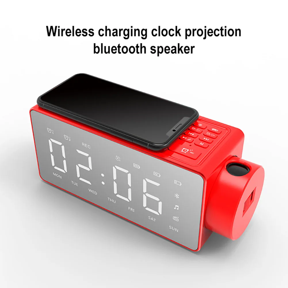Black US Bedroom Bluetooth Speaker Projection LED Display Wireless Charging Desktop Decoration Multifunction Smart Alarm Clock FM Radios - Цвет: Black US