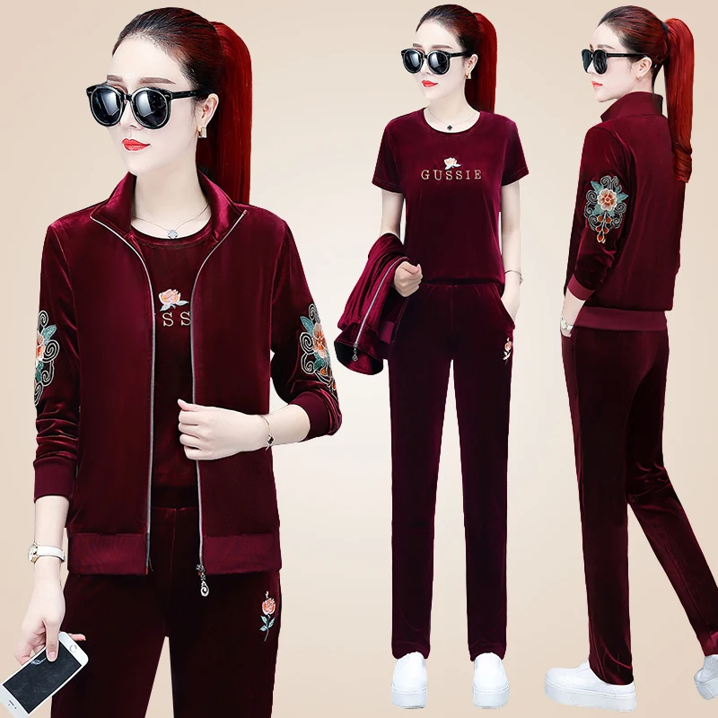 

Leisure Gold velvet Sports suit female Spring autumn New Large size clothing 3 Two-piece set Printed women tracksuit fashion 4XL