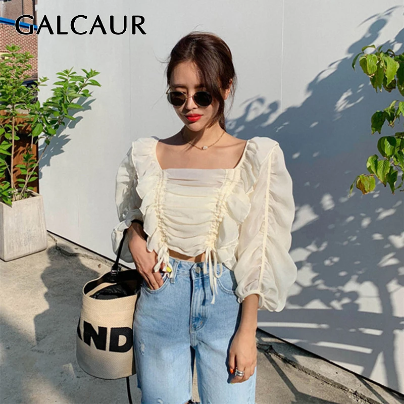 

GALCAUR Drawstring Women's Blouse Square Collar Ruffle Puff Sleeve Lace Up Three Quarter Crop Top Female 2019 Summer Casual New