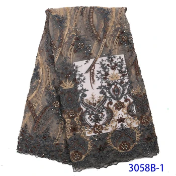 

3d Lace Fabric Pink Grey African French Lace Fabric High Quality High-End Handmade Beaded Wedding Nigerian Lace Fabric QF3058B-1