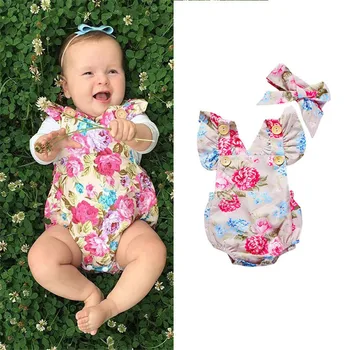 

0-24M Adorable Baby Girls Floral Romper Summer Infant Toddler Baby Girl Short Ruffle Sleeve Infant Clothes Sunsuit Set