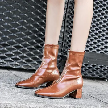 

Autumn and winter boots womens high heels front zipper boots Black brown chunky ankle boots High heel women's boots womens shoes
