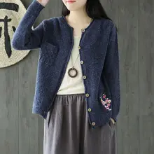 Johnature, Ретро стиль, вышивка, v-образный вырез, карманы, однобортный, вязаный, женский свитер, осень, новинка, длинный рукав, женский свитер