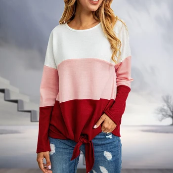 

Travel Loose Long Sleeve Casual Soft Women Knit Sweater Tie Knot Autumn Winter Triple Color Block Spring Pullover Daily