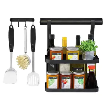 

2 Tiers Kitchen Storage Shelf Stainless Steel Punch Free Seasoning Organizer Holder Wall Shelf Hanging Spice Rack With Hook