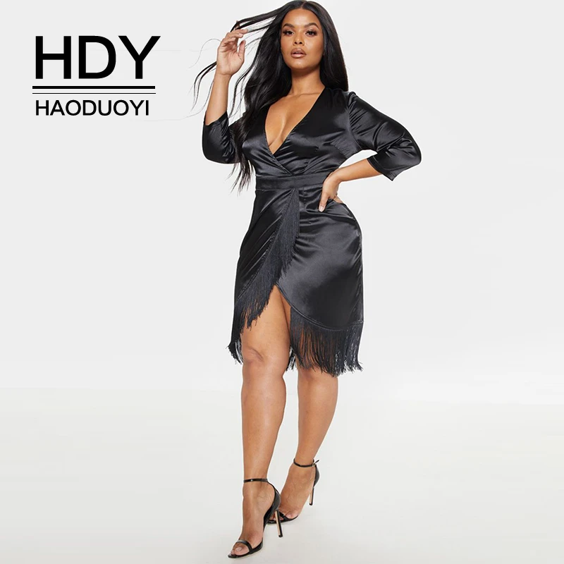 

HDY Haoduoyi Plus Size New Simple Sexy Fashion Simple And Comfortable Deep V-neck Fringed Hem Package Buttocks Dress