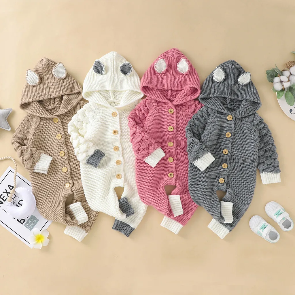 Милые 3D ромперы с ушками для новорожденных девочек и мальчиков зимняя теплая