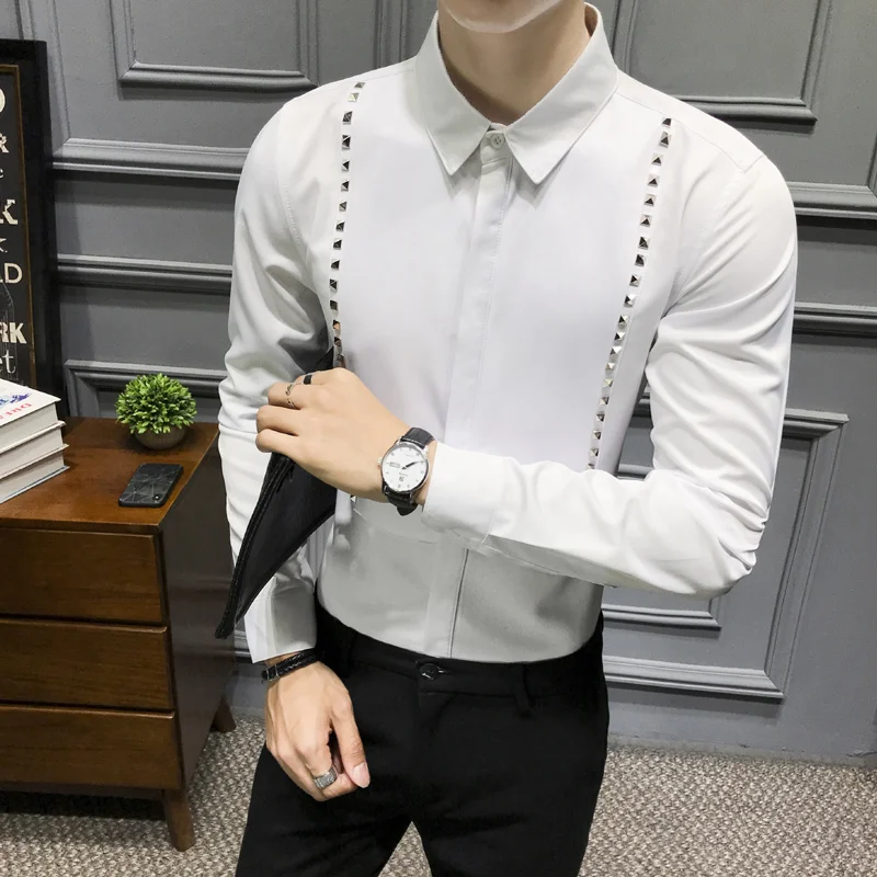 Новые мужские рубашки с металлическими заклепками, роскошные однотонные мужские рубашки с длинными рукавами, большие размеры 5xl, модные вечерние рубашки для ночного клуба