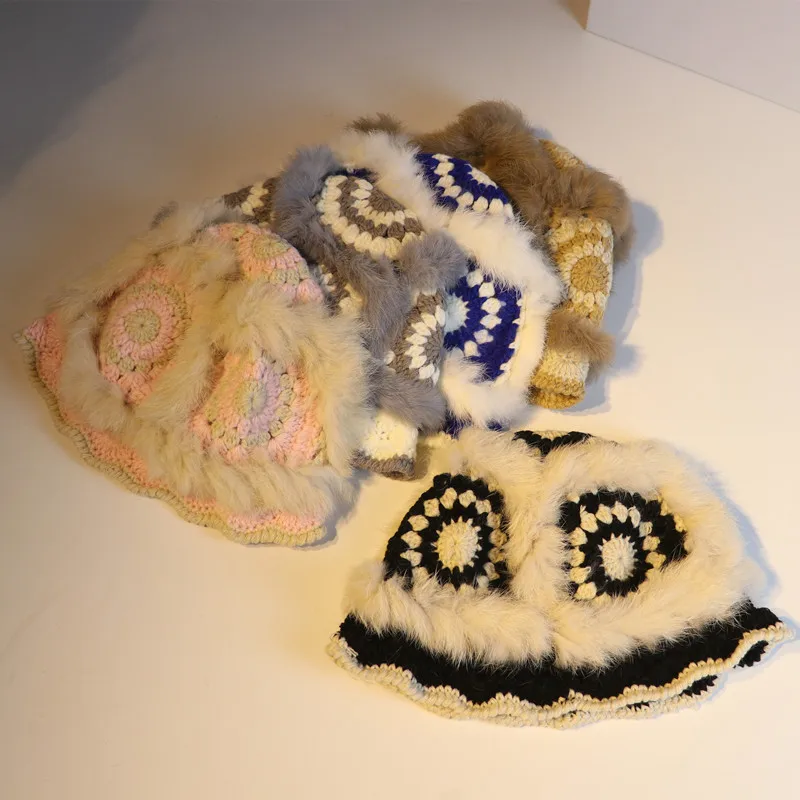 

2021 Winter Cute Rabbit Fur Beanie Women Thick Warm Outdoors Flower Knitted Beanies Hats Earflap Caps Fluffy Fashion Hat