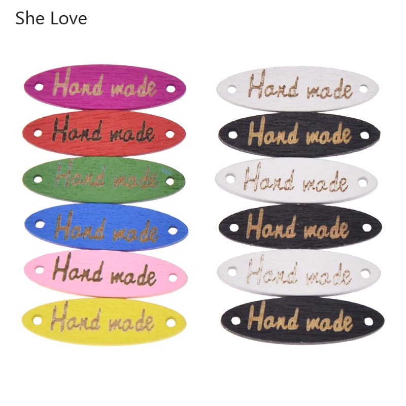

She Love 50Pcs/lot Colorful Handmade Brand Logo Wood Labels For Clothing Oval Shaped Hand Made Tag Labels Accessories