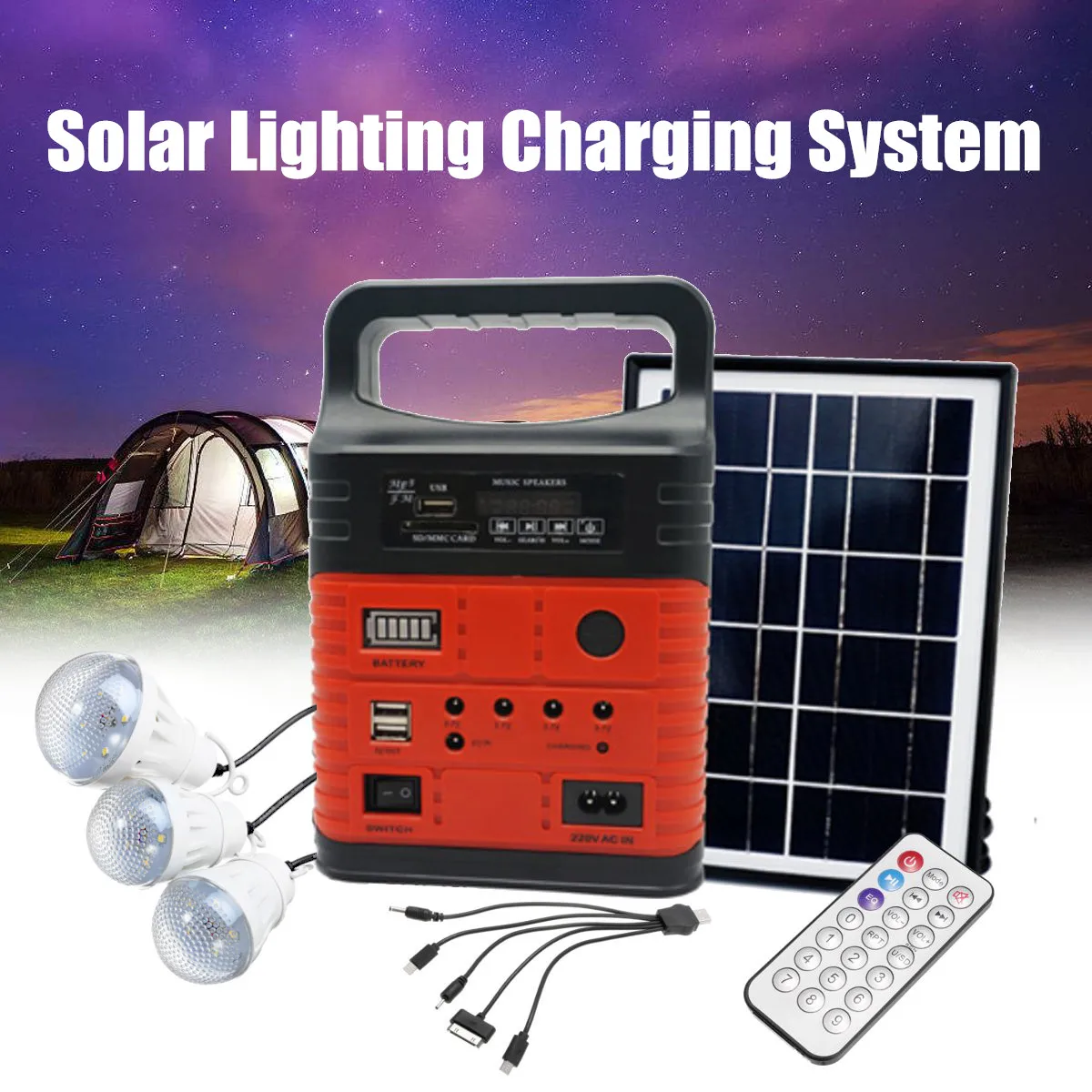  3 LED Solar Lighting System Kit 7500mAH USB Charging Household Generator Kit Outdoor Power Supply M - 4000262909671