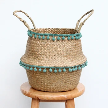

New Household Foldable Natural Seagrass Woven Storage Pot Garden Flower Vase Hanging Basket With Handle Storage Bellied Basket
