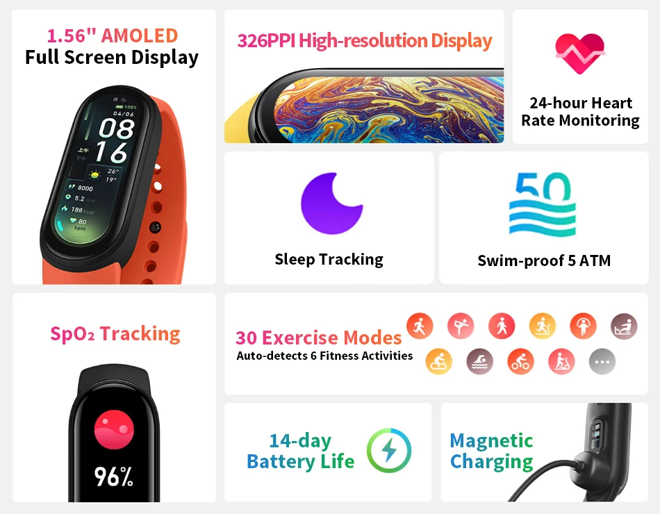 Global Version Xiaomi Mi Band 6 AMOLED Screen Blood Oxygen Fitness Traker Heart Rate 5ATM Waterproof Smart Band 5 Color Bracelet