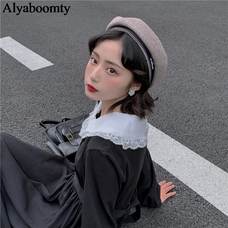 Японский Harajuku Осень женское длинное черное платье Питер Пэн воротник готический