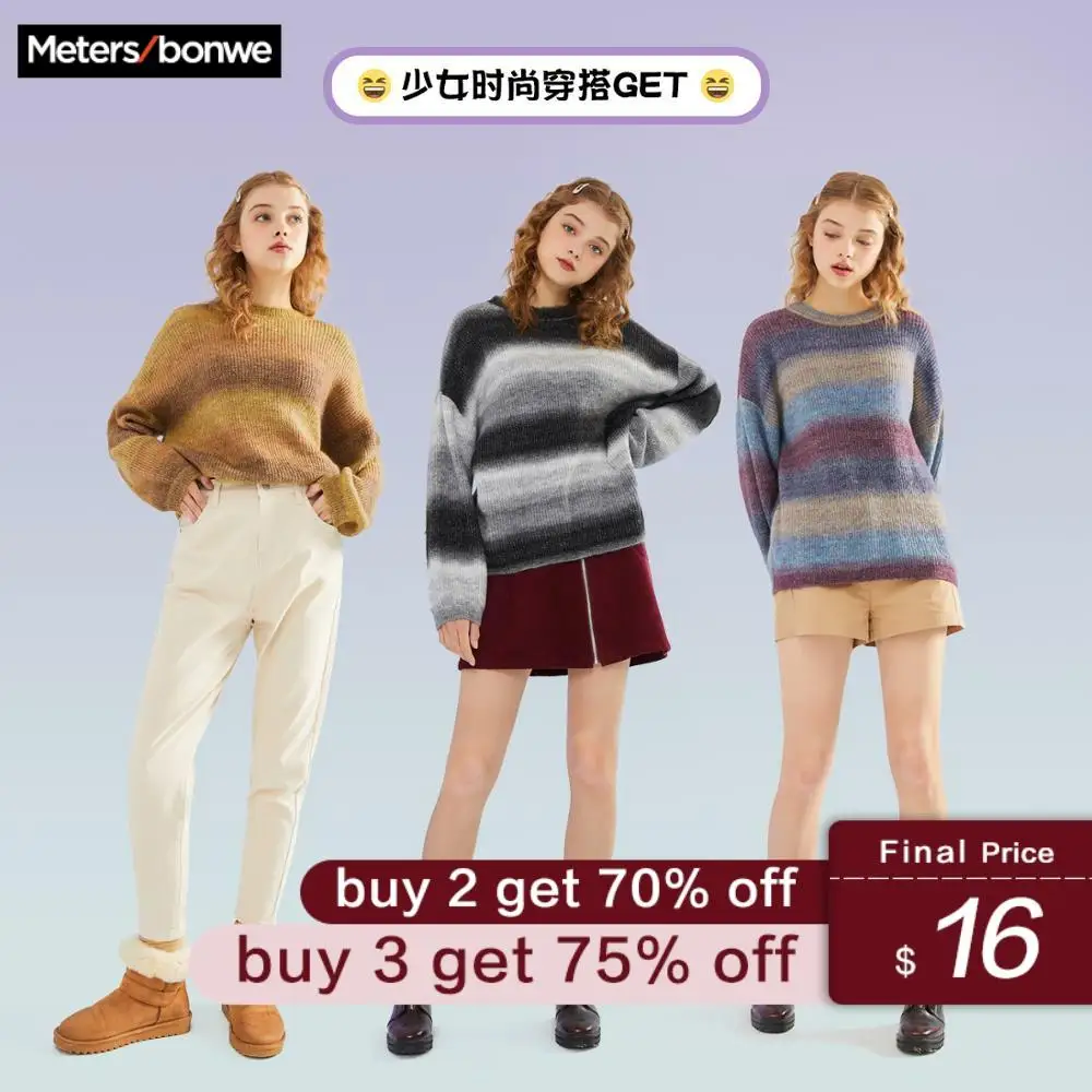 

Metersbonwe 2020 New Striped Hit color Knitted Sweater Women Pullovers Spring Women Gradient color Loose Fashion Casual Sweaters