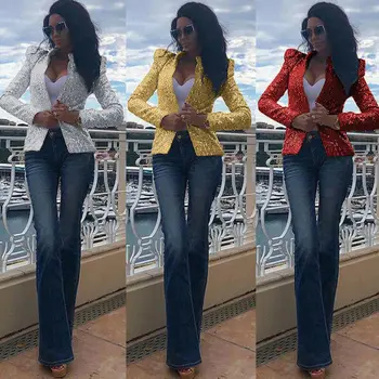 

New Women Slim OL Suit Casual Blazer Tops Outwear Long Sleeve US Stock Sequined Slim Suit