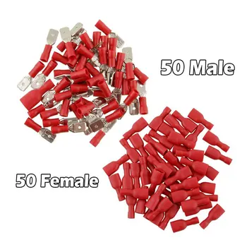 

100 Pcs/Set Red 6.3mm 16-14AWG Female Male Insulated Crimp Terminal Spade Connectors Electrical Wiring Connector Cable Lugs Flat