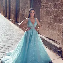 Светло-Небесно-голубое кружево дубайское вечернее платье сексуальное арабское женское вечернее платье с v-образным вырезом длинное платье для особых случаев