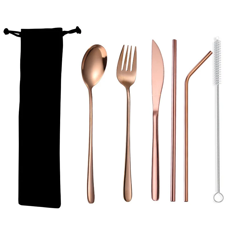rose-gold-6pcs 7 шт. набор столовых приборов из нержавеющей стали Ложка Вилка палочки для еды соломенная посуда набор с тканевой сумкой для пикника для семейного путешествия - Цвет: rose-gold-6pcs