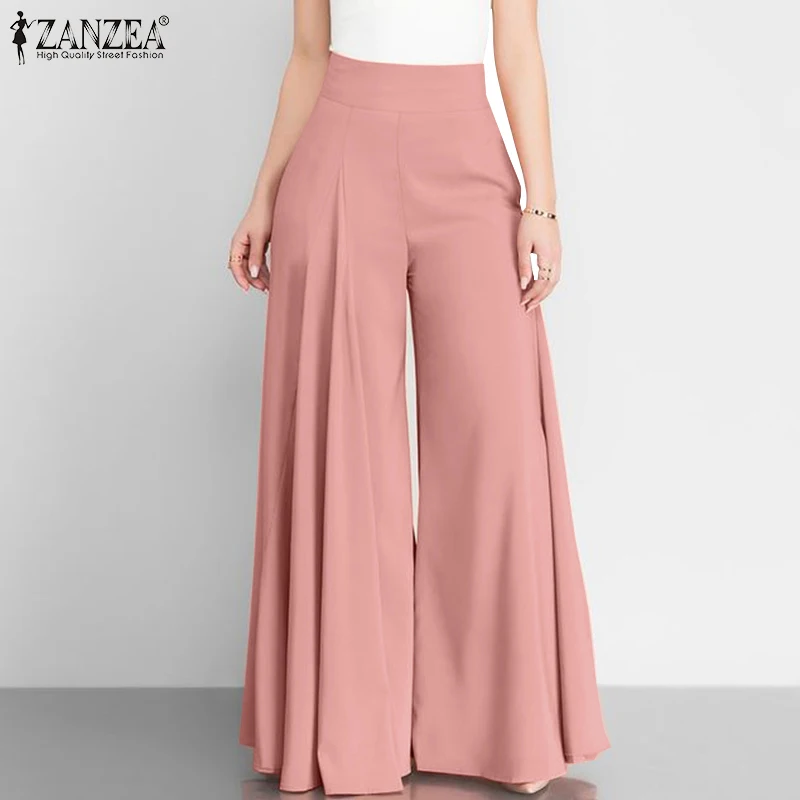 2023 Spring Vintage Flare Trousers  Casual Solid Zipper Pantalon ZANZEA Women Elegant High Waist Wide Leg Pants Female Palazzo zanzea женщины выдолбленный повседневный flare рукав свободное платье для вязания крючком