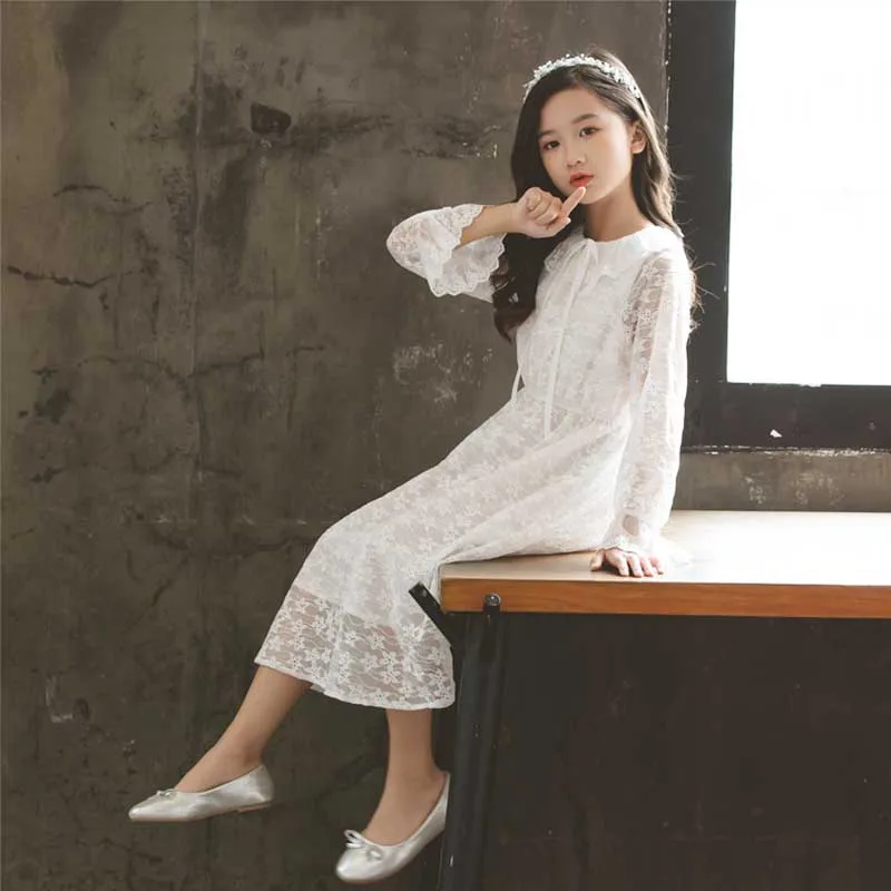 

Girl Dress 2019 Autumn White Lace Princess Baby Girls 8 10 12 14 y Petal Sleeve Party Cute Dresses Kids Fashion Dress Clothing