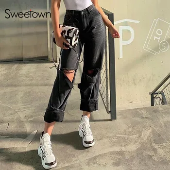 

New Sexy Black Casual Punk Hole Baggy Pants Women Streetwear Pockets High Wasit Trousers Blue Korean Distressed Denim Pants