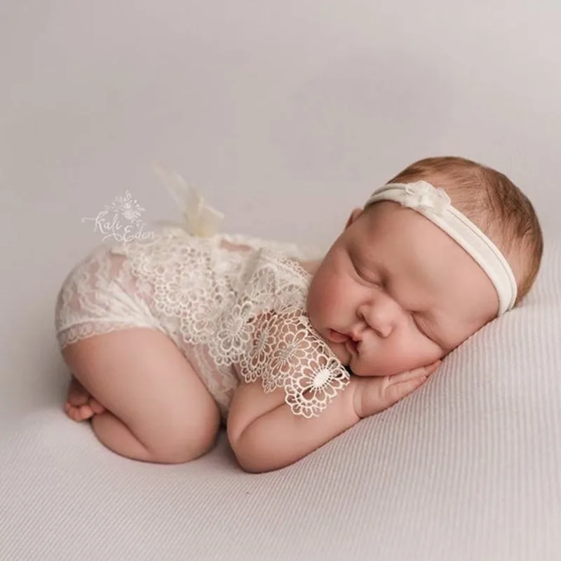 0 1Month Newborn Photography Prop Baby Headband Lace Romper Bodysuits